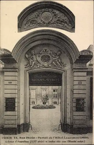 Ak Paris IV Ile de la Cité, 24, Rue Pavee, Portail de l'Hotel Lamoignos (1668), Außentor