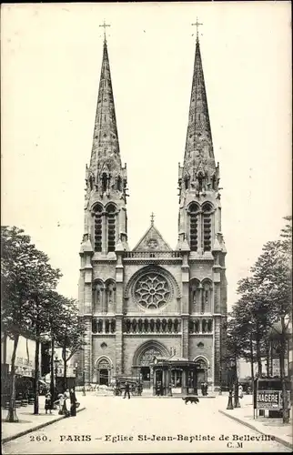 Ak Paris XIX, Église St. Jean Baptiste de Belleville, Außenansicht