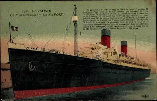 Ak Le Havre Seine Maritime, Le Transatlantique La Savoie, Dampfschiff