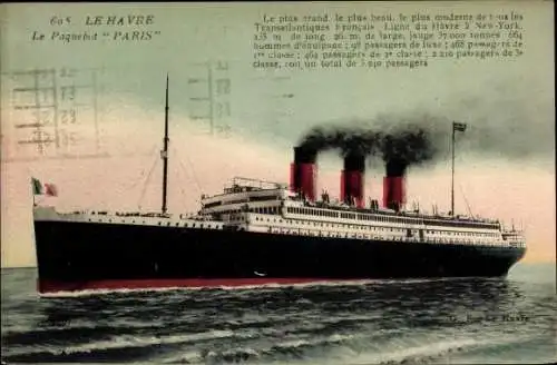 Ak Le Havre Seine Maritime, Le Paquebot Paris, Dampfschiff