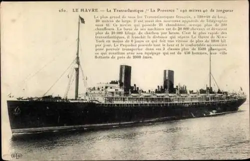 Ak Le Havre Seine Maritime, Le Transatlantique La Provence, Dampfschiff