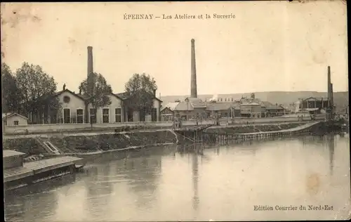 Ak Epernay Marne, Les Ateliers et la Sucrerie, Flussansicht, Fabrik