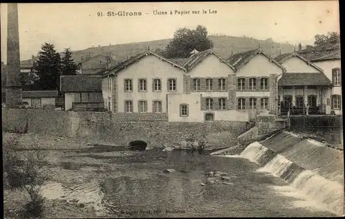 Ak Saint Girons Ariège, Usine a Papier su le Les, Wasserfall, Fabrik
