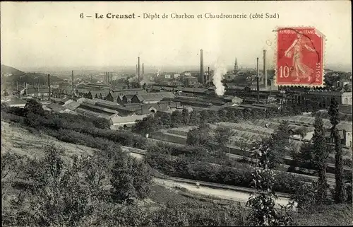 Ak Le Creusot Saône et Loire, Depot de Charbon et Chaudronnerie (cote Sud), Fabrik