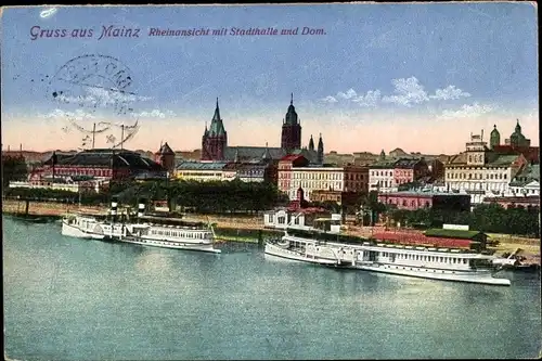 Ak Mainz am Rhein, Rheinansicht mit Stadthalle und Dom, Salondampfer
