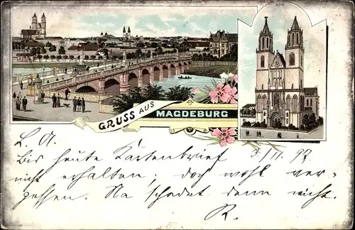 Litho Magdeburg an der Elbe, Dom, Stadtpanorama, Brücke