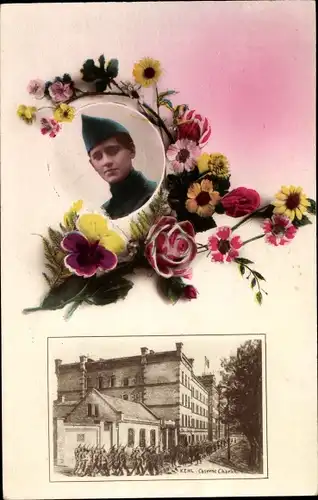 Ak Kehl am Rhein, Kaserne Chalet, Portrait von Soldat, Blumen