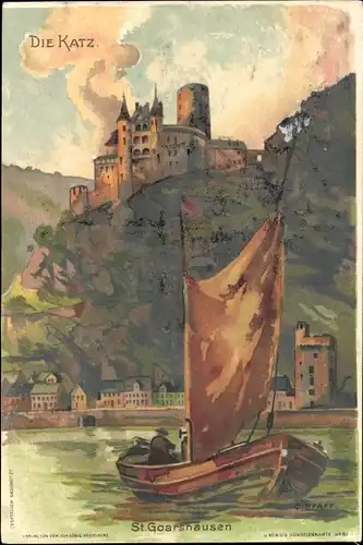 Künstler Litho Pfaff, C., Sankt Goarshausen am Rhein, Burg Katz, Segelboot