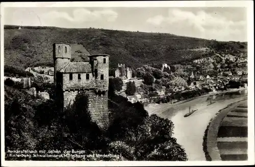 Ak Neckarsteinach in Hessen, Ansicht mit 4 Burgen, Hinterburg, Schwalbennest, Mittelburg, Vorderburg