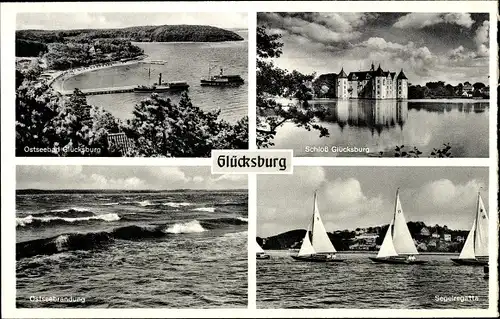 Ak Glücksburg an der Ostsee, Schloss, Segelregatta, Brandung