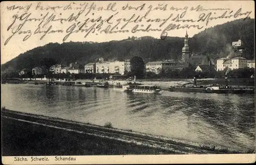 Ak Bad Schandau Sächsische Schweiz, Blick vom Ufer zur Stadt, Teilansicht