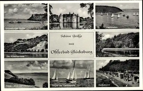 Ak Glücksburg an der Ostsee, Quellental, Yachthafen, Förde, Rosenterrasse, Schloss