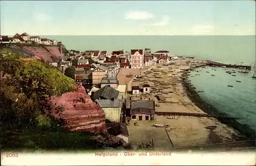 Ak Helgoland in Schleswig Holstein, Blick auf Strand, Ober und Unterland