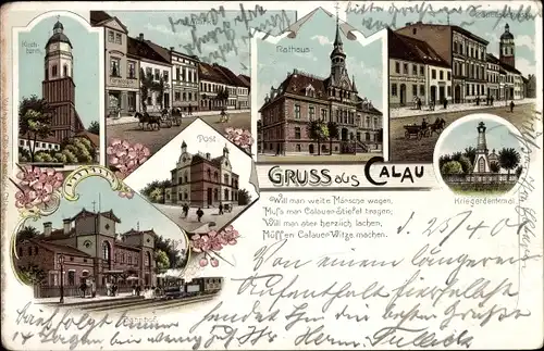 Litho Calau in der Niederlausitz, Bahnhof, Gleisseite, Kirche, Post, Rathaus, Kriegerdenkmal