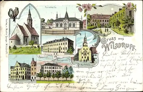 Litho Wilsdruff in Sachsen, Rathaus, Schloss, Turnhalle, Amtsgericht, Schule, Stadthaus