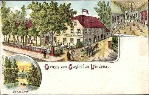 Litho Lindenau Leipzig in Sachsen, Gondelteich, Gasthof zu Lindenau, Innenansicht