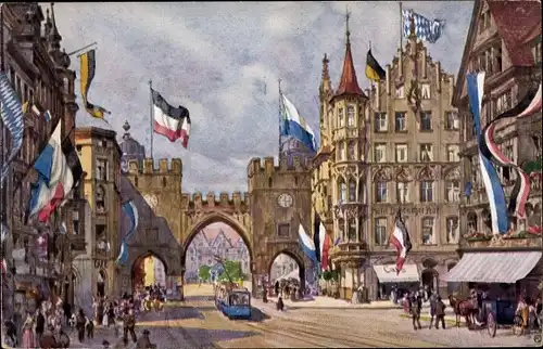 Ak München Bayern, Karlstor im Flaggenschmuck