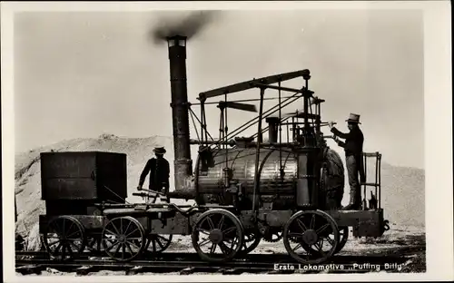 Ak Puffing Billy, Britische Eisenbahn, erste Lokomotive, Deutsches Museum München