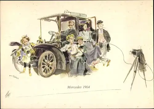 Künstler Ak Mercedes 1904, Automobil, Fotoapparat, Familie