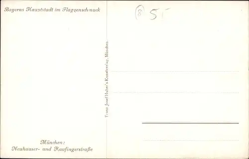 Künstler Ak München Bayern, Neuhauser- u. Kaufingerstraße, Flaggen, Frauenkirche, Straßenbahn