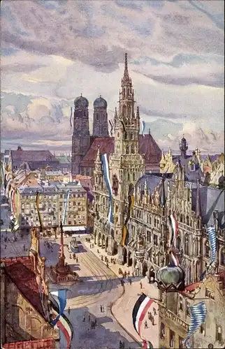 Künstler Ak München Bayern, Marienplatz gegen Rathaus und Dom im Fahnenschmuck