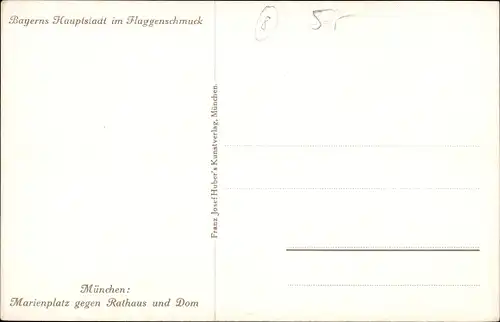 Künstler Ak München Bayern, Marienplatz gegen Rathaus und Dom im Fahnenschmuck