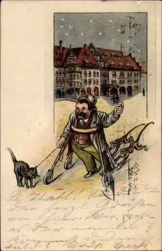 Litho München, Hofbräuhaus, Betrunkener mit Gehhilfe, Kater, Affen