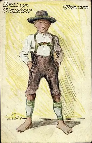 Künstler Ak München, Mathäserbräu, Junge in Lederhose