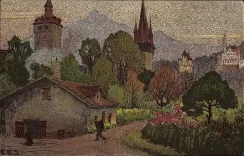 Künstler Ak Schlatter, E. E., Luzern Stadt Schweiz, Museggtürme mit Gütsch und Pilatus