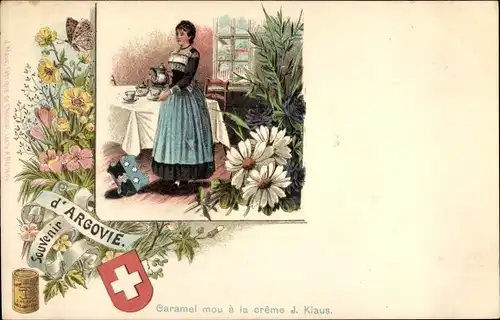 Litho Kanton Aargau, Mädchen in schweizerischer Tracht, Tassen, Teekanne, Blumen, Wappen
