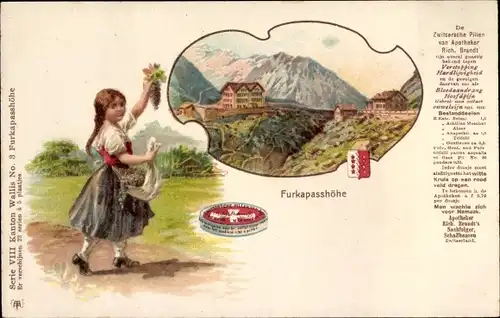Litho Kanton Wallis, Mädchen in schweizerischer Tracht,  Werbung Zwitsersche Pillen, Furkapasshöhe