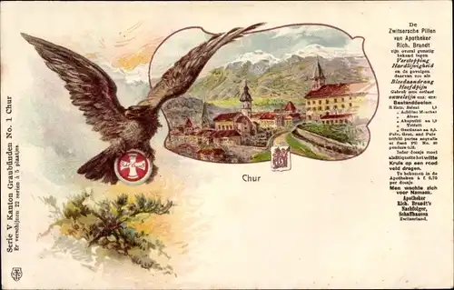Litho Chur Kanton Graubünden, Stadtansicht, Adler, Werbung Zwitsersche Pillen