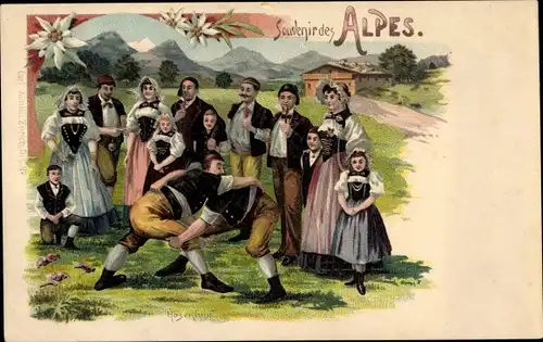 Litho Souvenir des Alpes, Hosenhupf, Ringen, Schweizerische Tracht