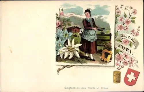 Litho Uri Kt Schweiz, Schweizerische Tracht, Werbung, Gaufrettes aux fruits J. Klaus