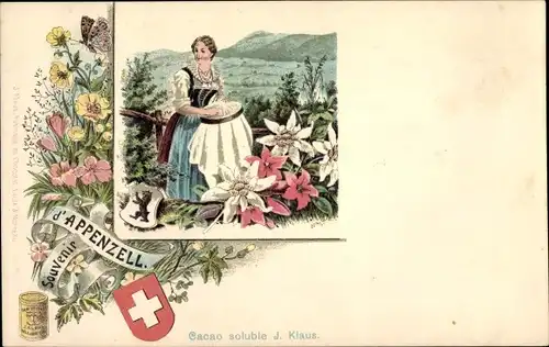 Litho Appenzell Stadt Kanton Innerrhoden, Schweizerische Tracht, Werbung, Cacao soluble J. Klaus