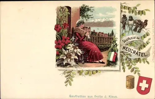 Litho Neuchâtel Neuenburg Stadt, Schweizerische Tracht, Werbung, Gaufrettes aux fruits J. Klaus