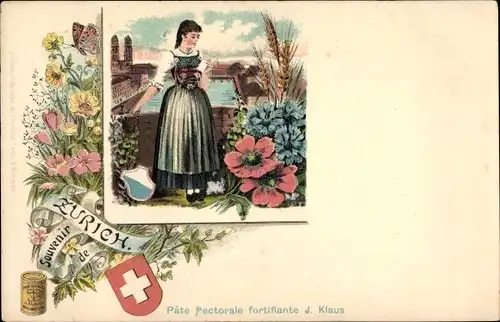 Litho Zürich Stadt Schweiz, Schweizerische Tracht, Werbung, Pate Pectorale fortifiante J. Klaus