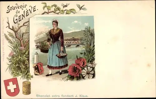 Litho Genève Genf Schweiz, Schweizerische Tracht, Werbung, Chocolat extra fondant J. Klaus