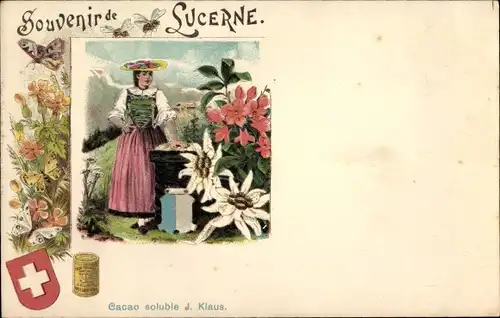 Litho Luzern Stadt Schweiz, Schweizerische Tracht, Werbung, Cacao soluble J. Klaus