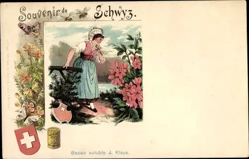 Litho Schwyz Stadt Schweiz, Schweizerische Tracht, Werbung, Cacao soluble J. Klaus, Schmetterlinge