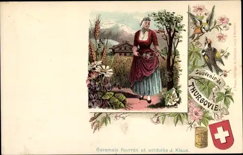 Litho Amriswil Kanton Thurgau, Schweizerische Tracht, Werbung, Caramels fourres et acidules J. Klaus