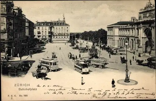 Ak Zürich Stadt Schweiz, Bahnhofsplatz, Straßenbahnen