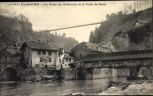 Ak Fribourg Freiburg Stadt Schweiz, Le Pont du Gotteron et le Pont de Bois, Auberge de l'Ange