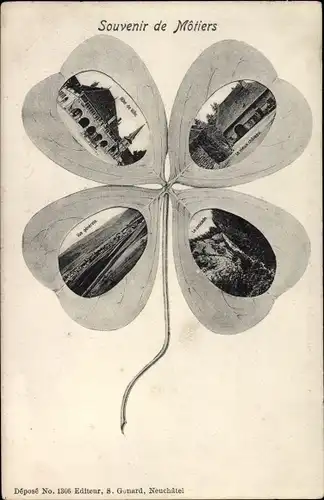 Ak Môtiers Neuenburg Kanton Neuenburg, Le vieux chateau, Hotel de Ville, La cascade, Kleeblatt