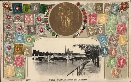 Präge Briefmarken Passepartout Ak Bâle Basel Stadt Schweiz, Wettsteinbrücke, Münster