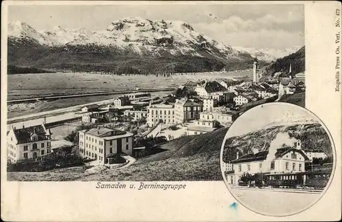 Ak Samaden Samedan Kanton Graubünden, Panorama, Berninagruppe, Bahnhof