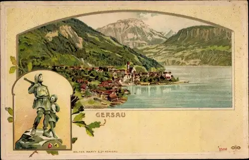 Litho Gersau Kanton Schwyz, Panorama, Tell Denkmall