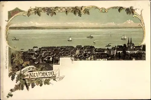 Passepartout Litho Neuchâtel Neuenburg Stadt, Panorama, See