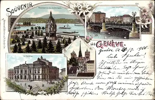 Litho Genève Genf Schweiz, Theatre, Monument, St. Pierre, Mouettes