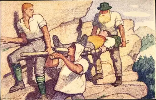 Künstler Ganzsachen Ak Schweiz, Bundesfeier 1921, Caritas, Bergrettung, Trage